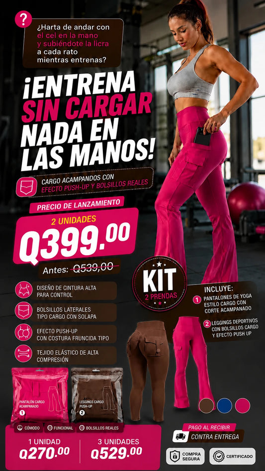 Pantalones de Yoga Estilo Cargo con Corte Acampanado + Leggings Deportivos con Bolsillos Cargo y Efecto Push Up